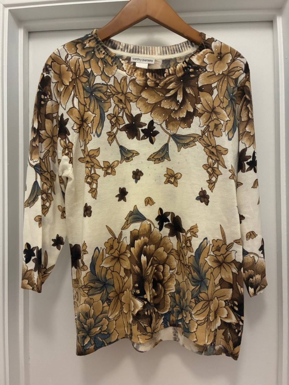 Cathy Daniels Cream Knit Top with Brown Floral Print